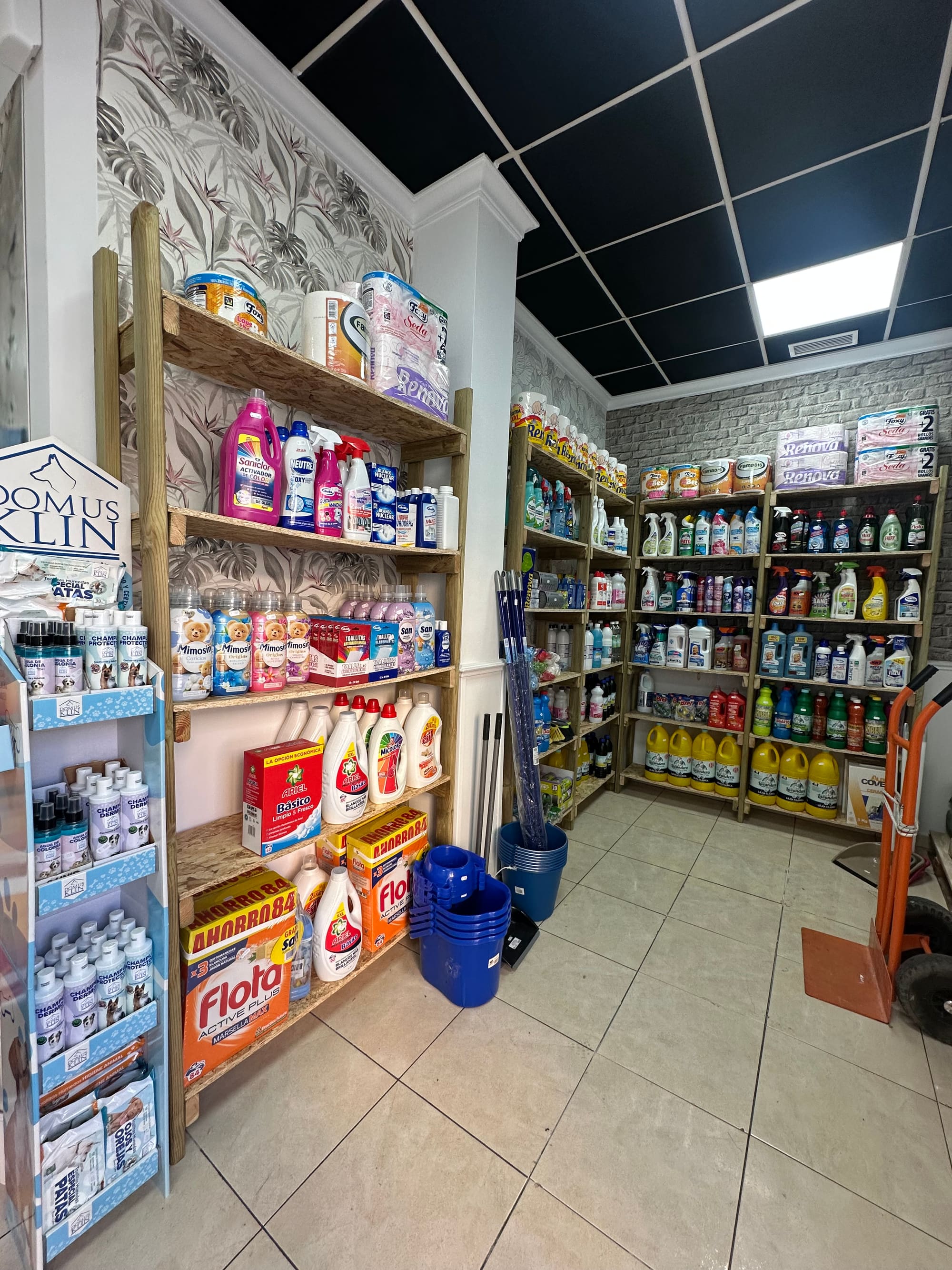 Sala de droguería de Ecopinturas La Cala con estanterías de madera llenas de productos de limpieza, fregonas y cubos.